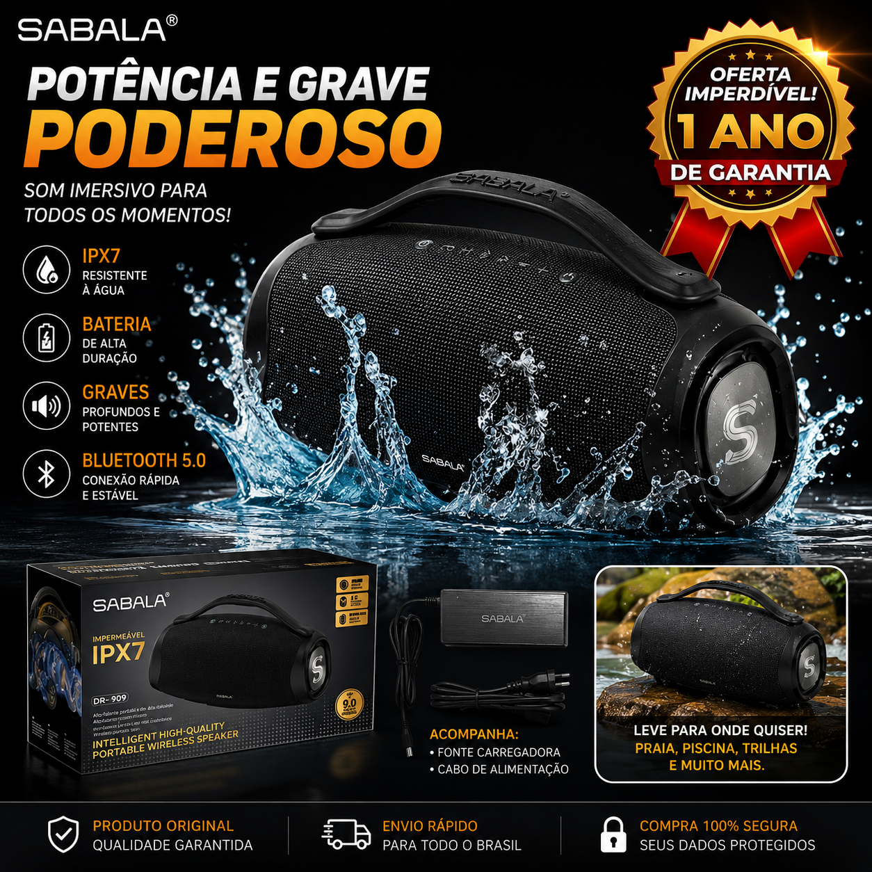 Caixa de Som Bluetooth SABALA DRA-909 200W Premium – Graves Potentes, Bateria 3900mAh e Proteção IPX6 à Prova d’Água
