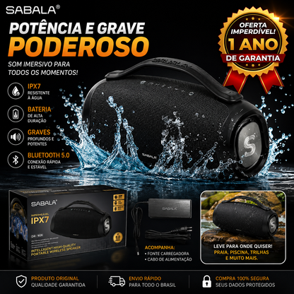 Caixa de Som Bluetooth SABALA DRA-909 200W Premium – Graves Potentes, Bateria 3900mAh e Proteção IPX6 à Prova d’Água