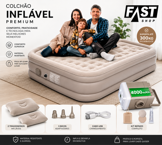 Colchão Inflável Premium com Bomba Elétrica Embutida 4000mAh – Conforto de Cama Real em Minutos