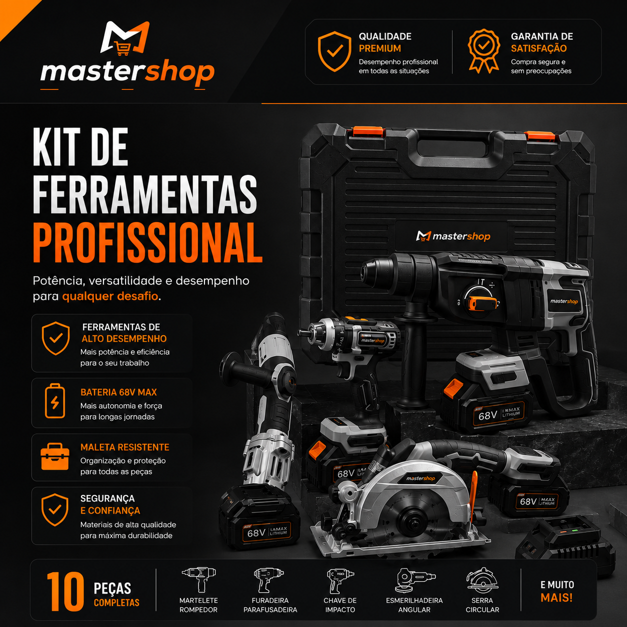 Kit Completo de Ferramentas Brushless 68V – Alto Torque, Alta Performance e Durabilidade - 1 ANO GARANTIA